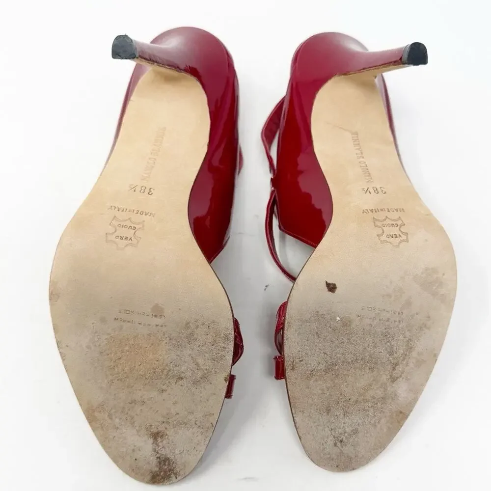 Manolo Blahnik Dodo Red Patent Leather Strappy Sandal Heels Womens Size EU 38.5